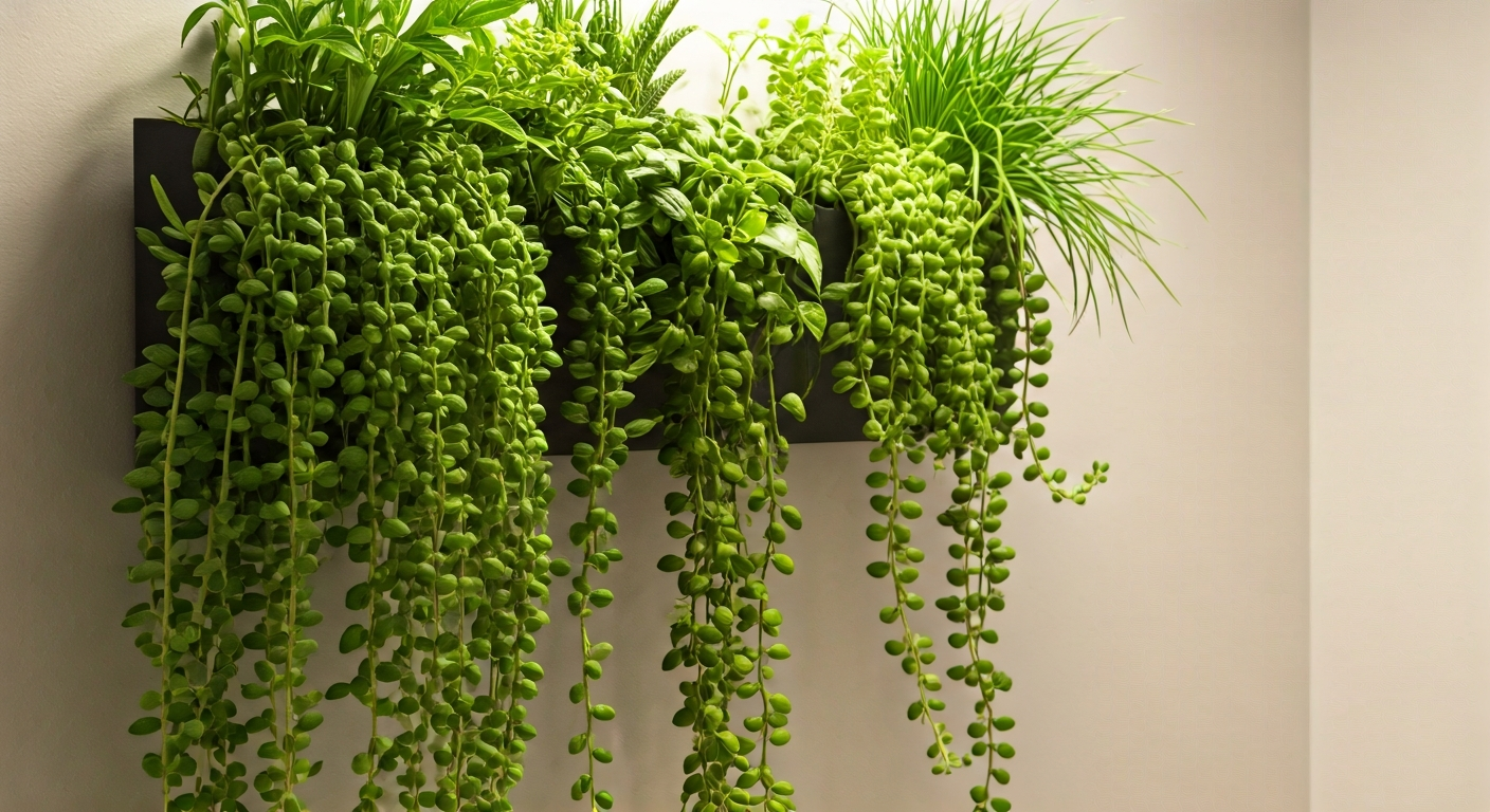 Professional photograph of a vertical garden setup on an apartment wall, featuring a variety of trai