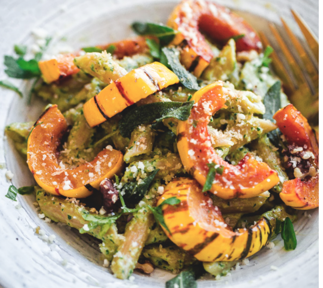 WALNUT SAGE PESTO PASTA WITH ROASTED DELICATA SQUASH