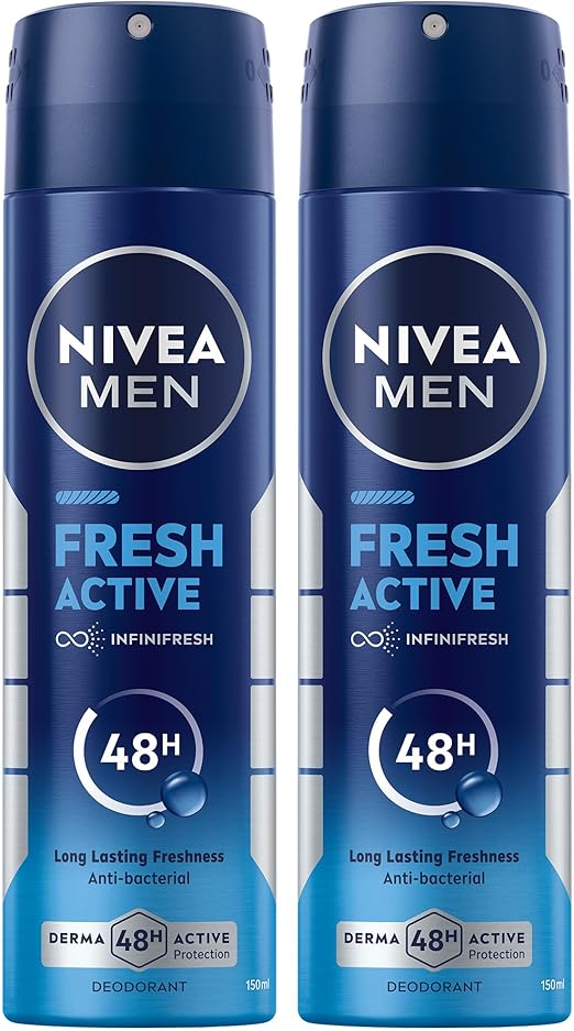NIVEA MEN, Antibacterial Deodorant Spray for Men, Fresh Active, 48H Active Protection, with Infini Fresh Formula, Long-Lasting Freshness, 2x150ml, Dual Pack Visit the NIVEA Store
