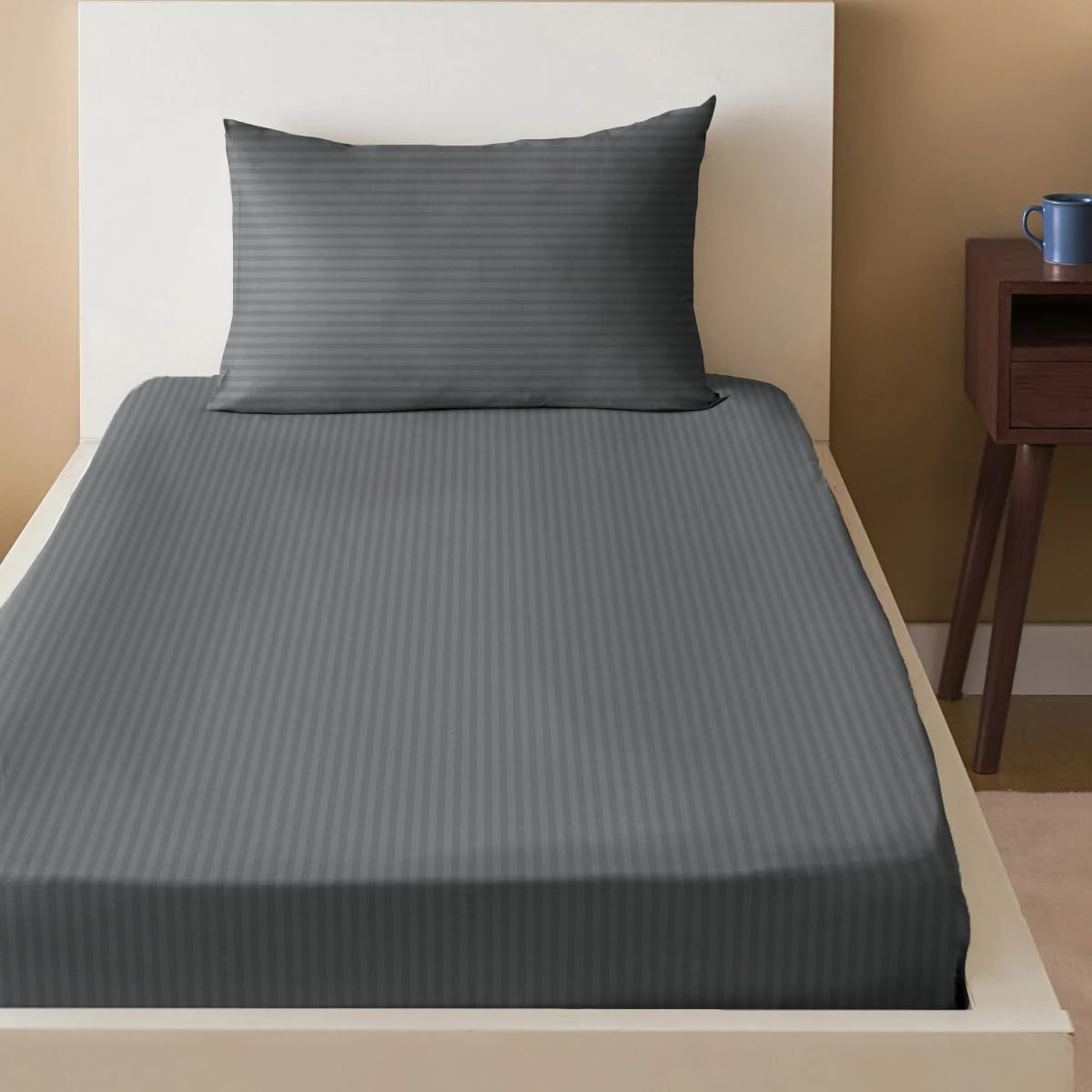Sleep Well Microfiber Stripe Fitted Sheet with Pillowcase Set - 90x200+17cm (Grey)
