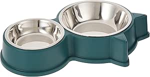 Okbuynow Double Dog Cat Bowls Durable Stainless Steel Pet Bowl With No-Slip Cute Modeling Food Water Feeder For Puppy Medium Pets Dogs Cats Green, Petbowl01-Gn