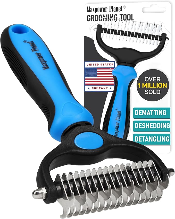 Maxpower Planet Pet Grooming Brush - Double Sided Shedding and Dematting Undercoat Rake Comb for Dogs and Cats,Extra Wide, Blue, Dog Grooming Brush, Dog Shedding Brush