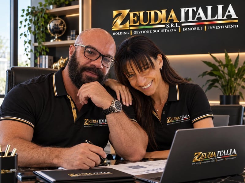 Emanuel Agostino e Tiziana Dal Prà nell'ufficio di Zeudia Italia, con il logo dell'azienda alle spalle