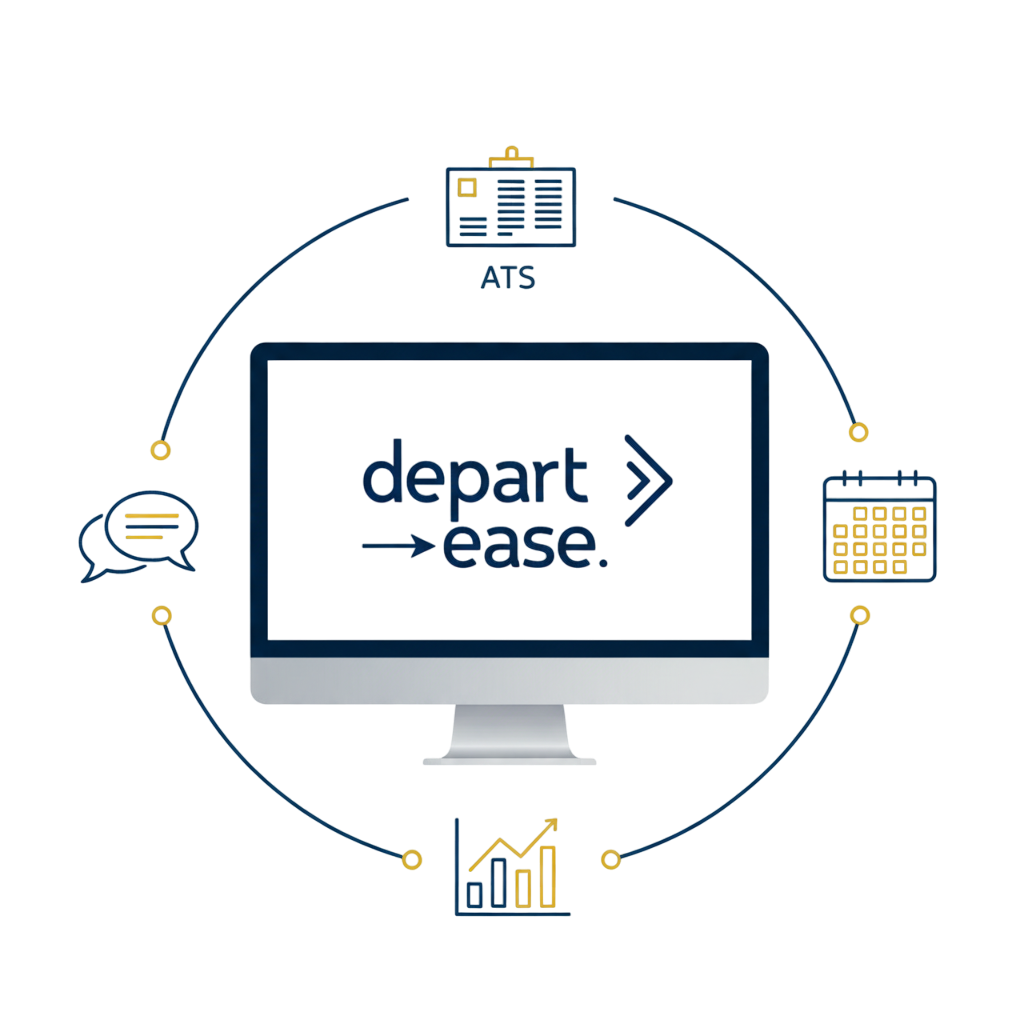 An illustration of the Depart Ease recruitment tools including analytics, applicant tracking, and scheduling.