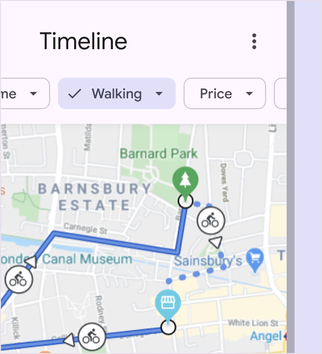Filter chip in maps app labeled “Walking”.