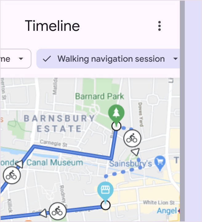 Filter chip in maps app labeled “Walking navigation session”.
