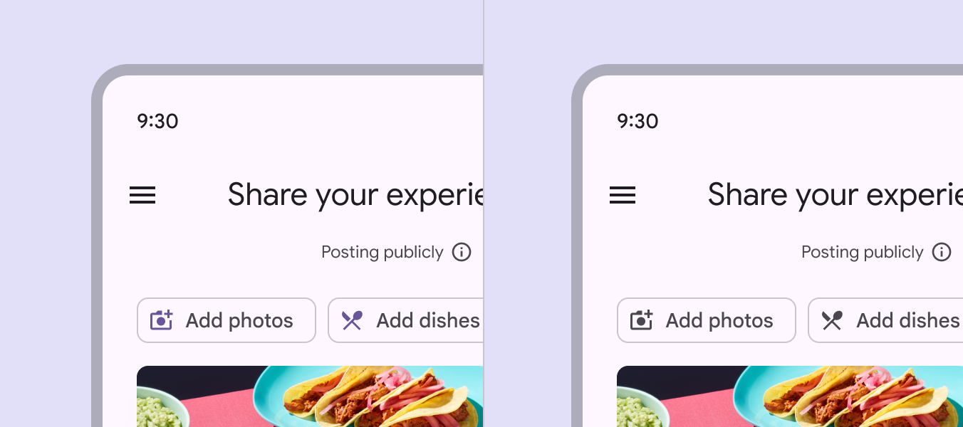 2 screens of a restaurant page with chips labeled "Add photos" and "Add dishes." The leading icons are purple in 1, grey in the other.