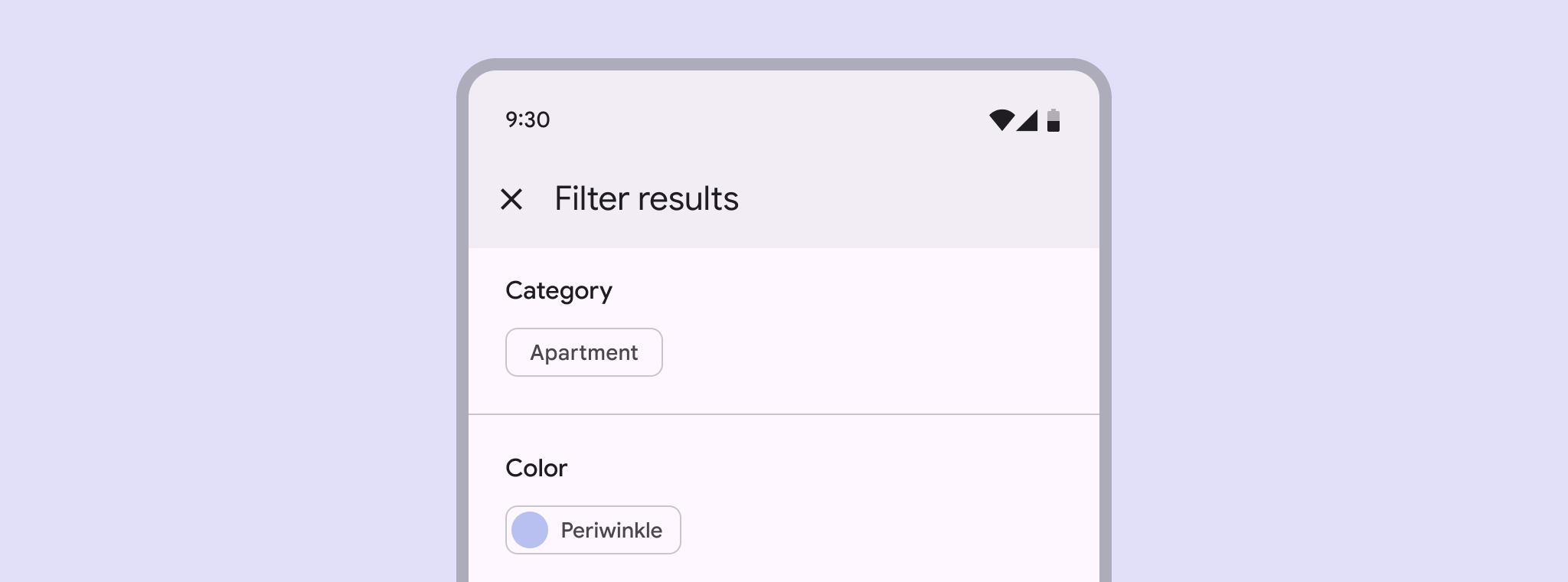 Single filter chip option beneath the header “Category”