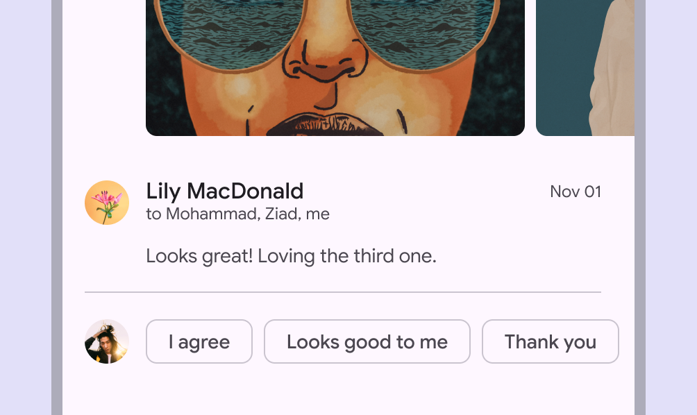 3 suggestion chips with automated reply options in a chat app.