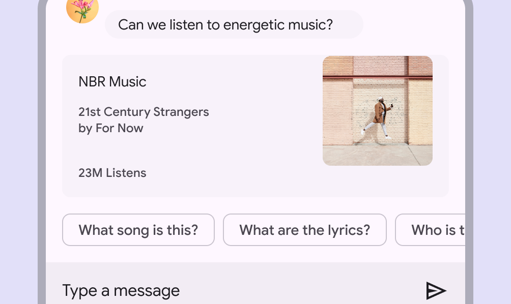 2 suggestion chips with search options “What song is this?” and “What are the lyrics?”