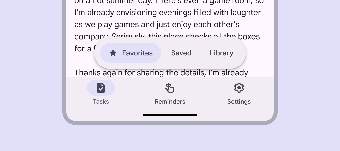 Floating toolbar with secondary navigation labels displaying above a bottom navigation bar.