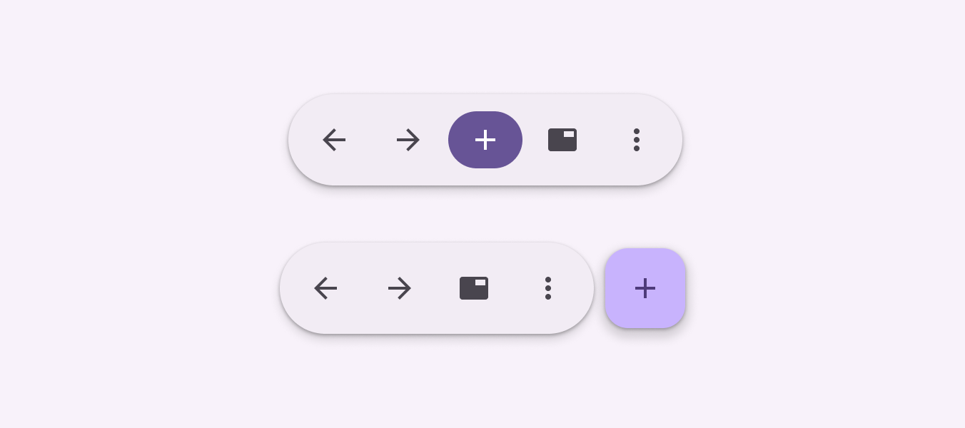 2 floating toolbars, 1 with a filled action button and 1 paired with a FAB.