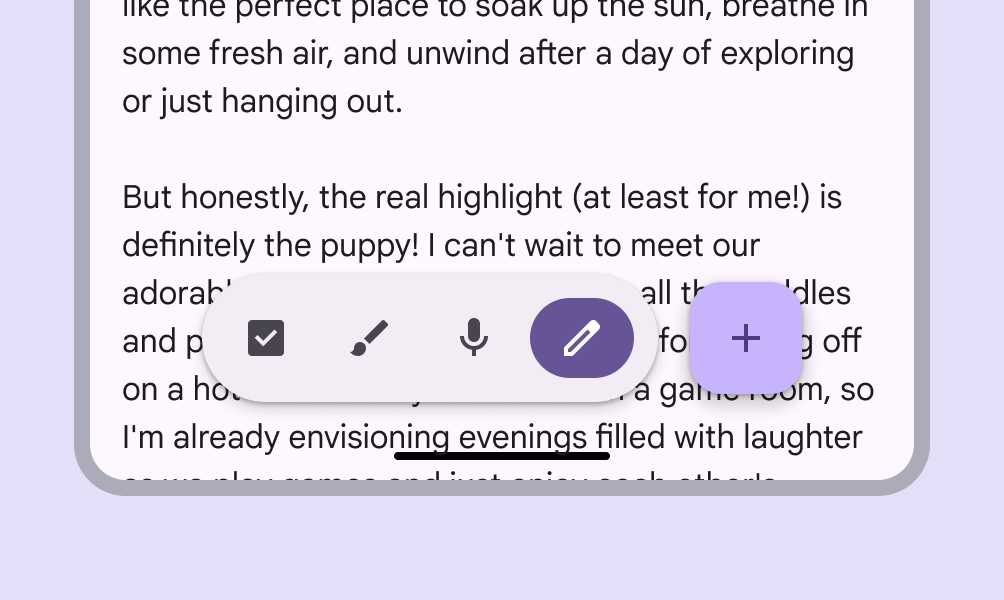 Floating toolbar with primary action and FAB.