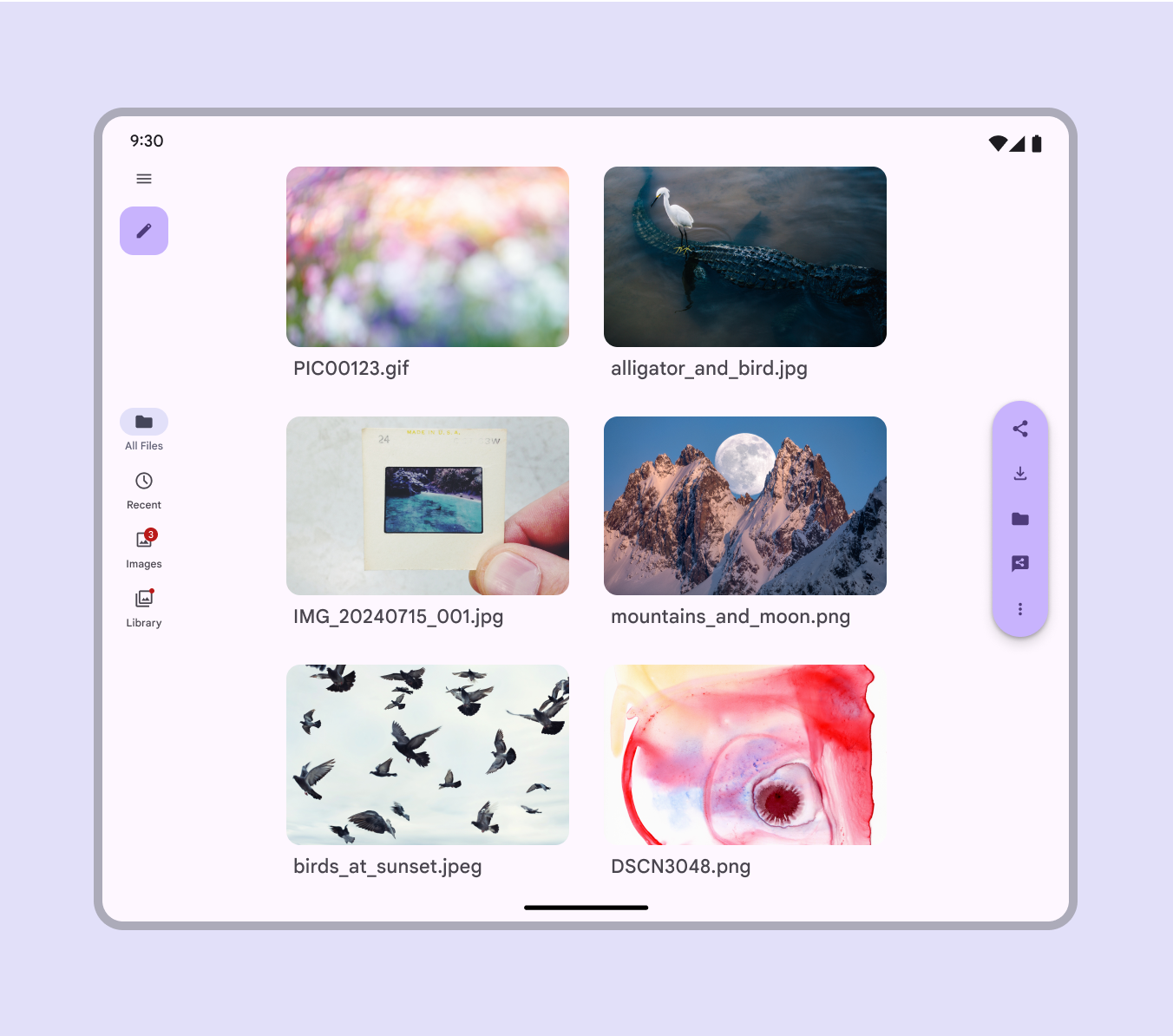 Large screen UI showing both a navigation rail and vertical floating toolbar.
