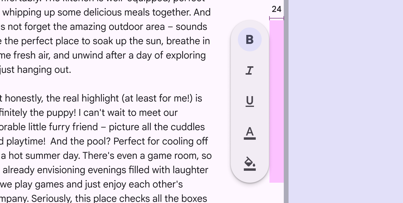 Vertical floating toolbar with 24dp margin.
