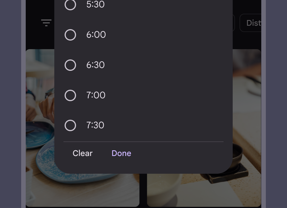 Assist chip transformed into time picker with radio buttons.