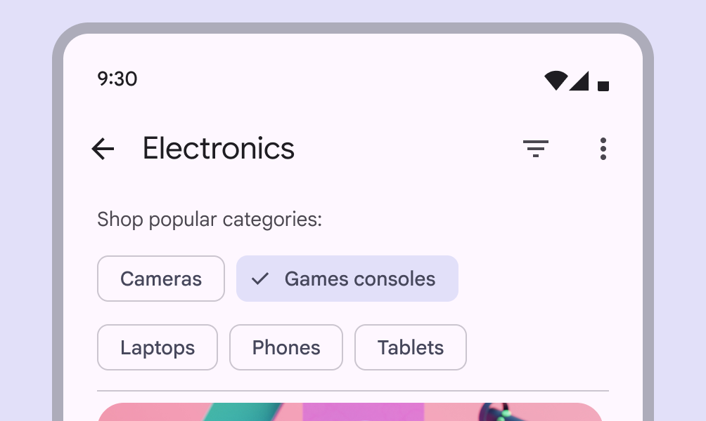5 filter chips representing popular electronics categories in a shopping app. The chip “Game consoles” is selected. 