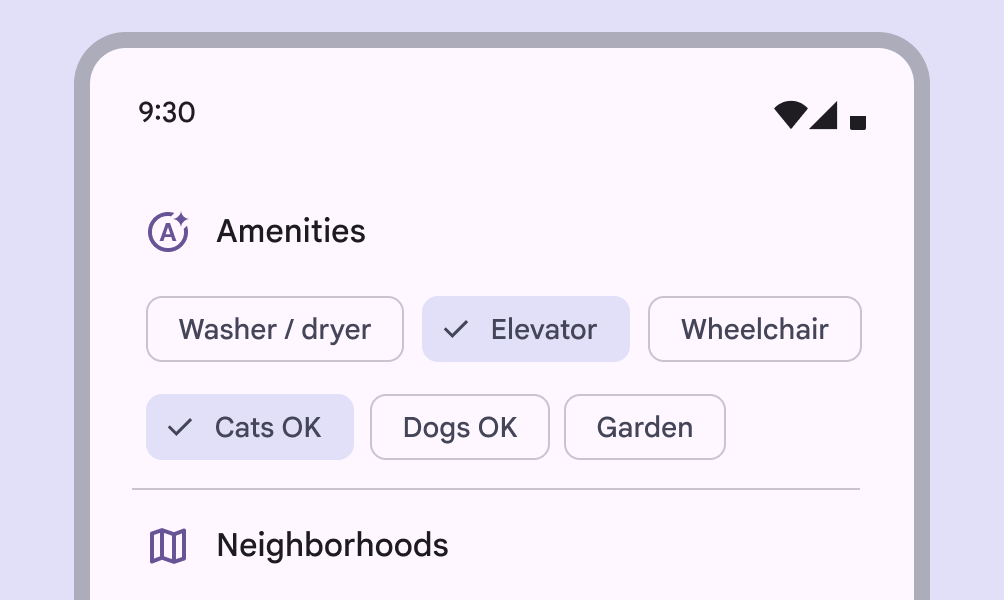 6 filter chips representing apartment amenities in a real estate app. 2 of the chips are selected.