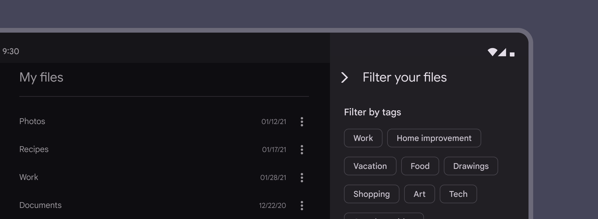 Filter chips used as tags in a side sheet on a file application.
