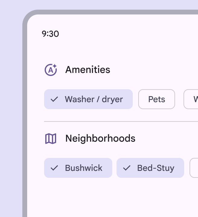 6 filter chips representing apartment amenities in a real estate app. 3 selected chips include checkmarks while 3 don’t.