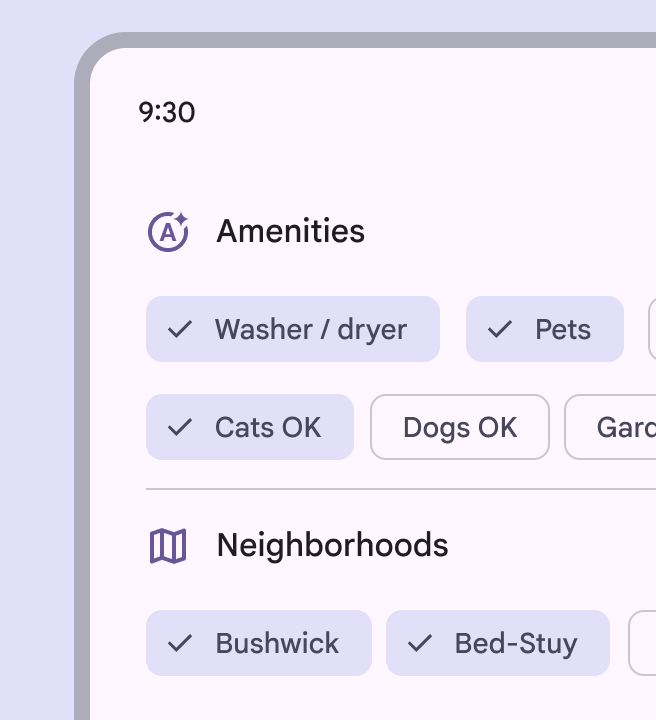 3 amenities chips are selected, and 2 neighborhoods. 