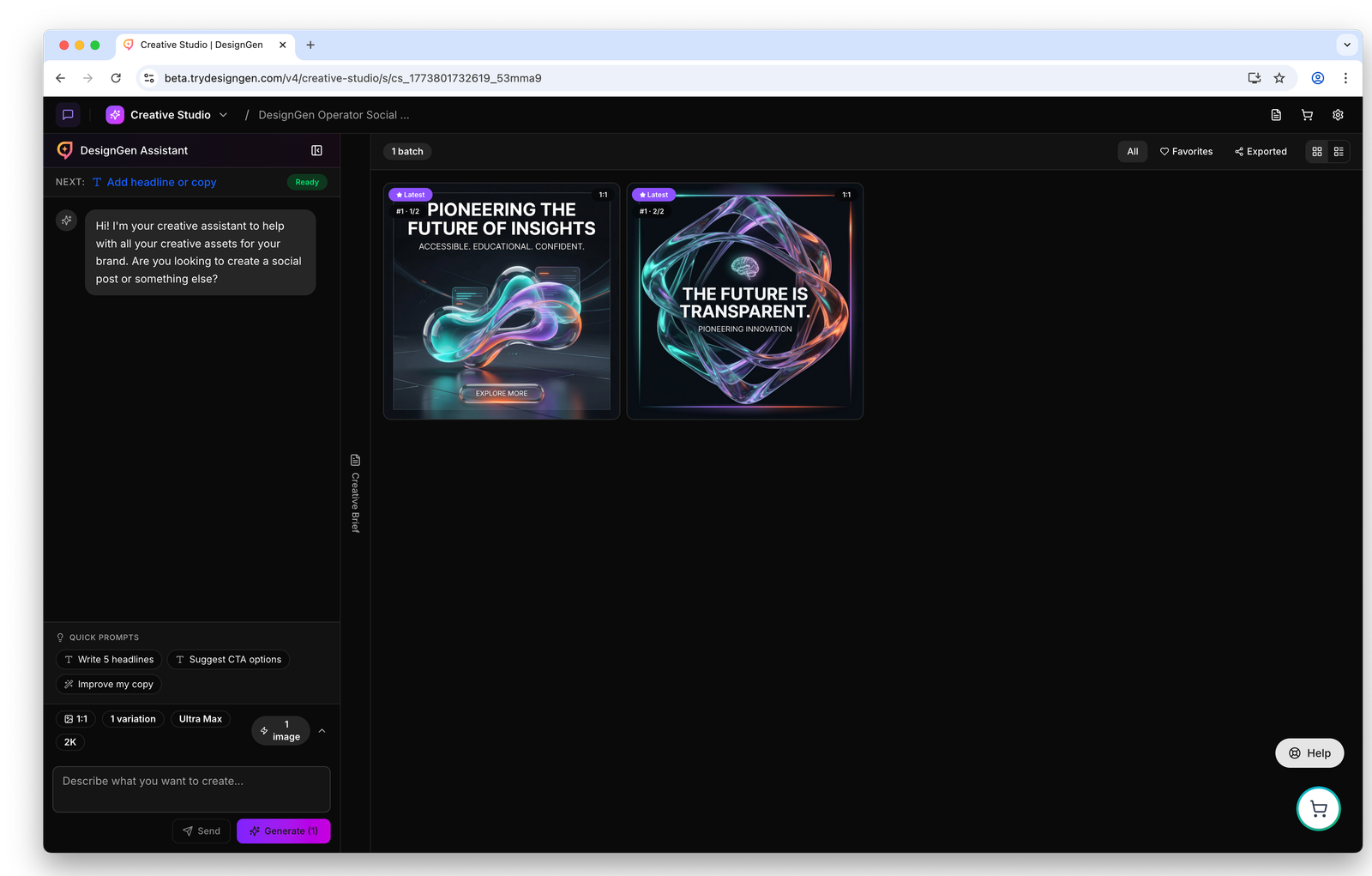 Creative Studio session with outputs