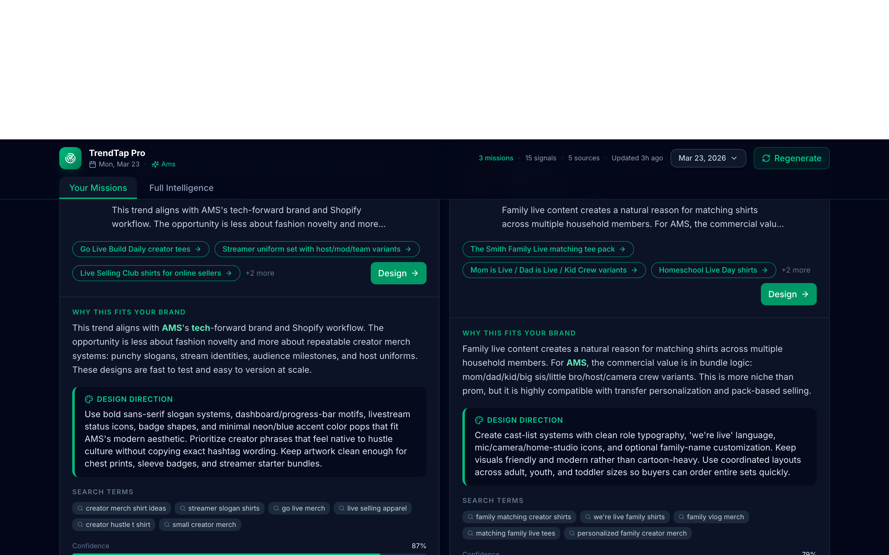 Expanded mission card with evidence and search terms