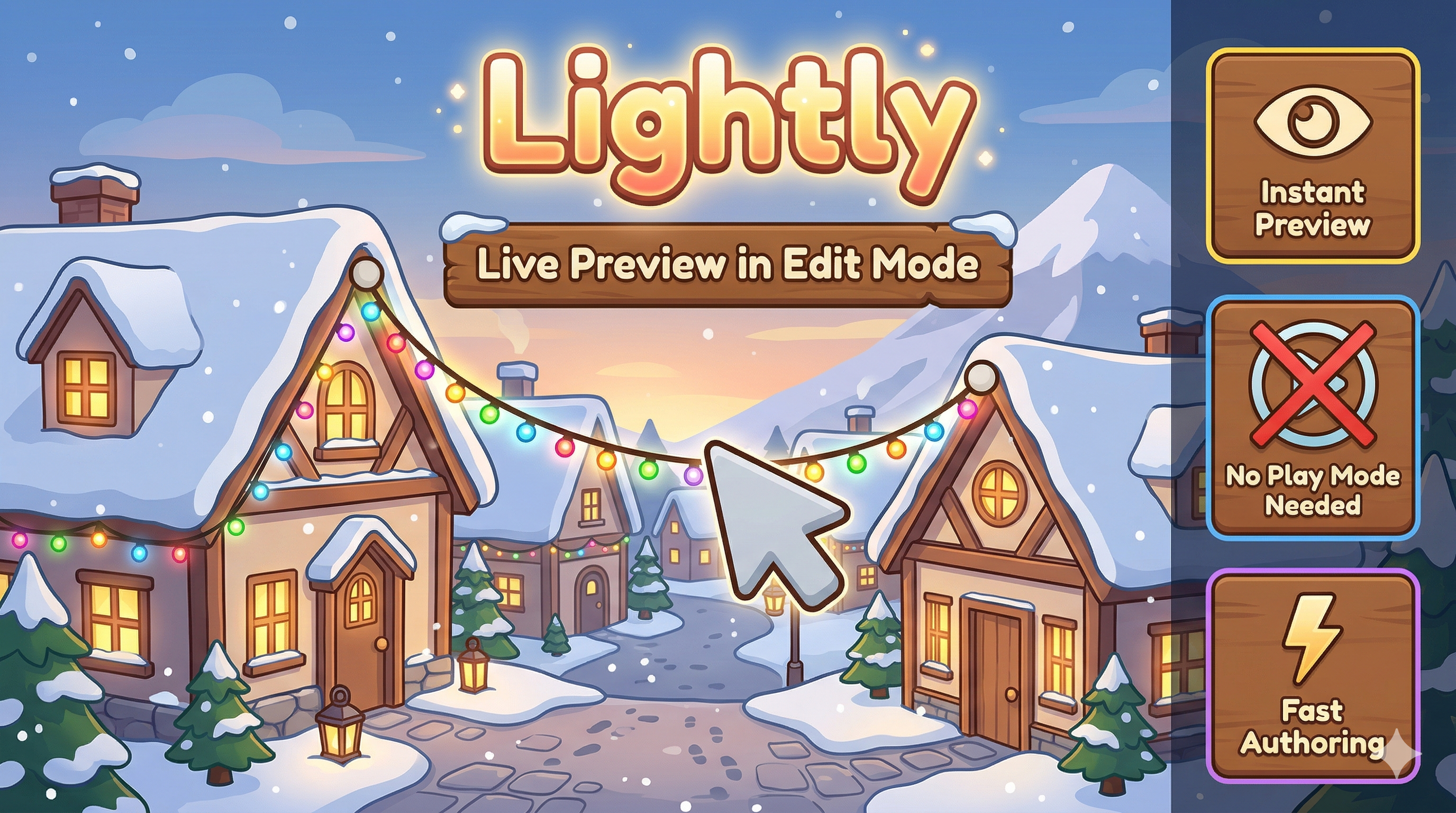 Lightly string lights draped between snowy village cottages with live edit-mode preview