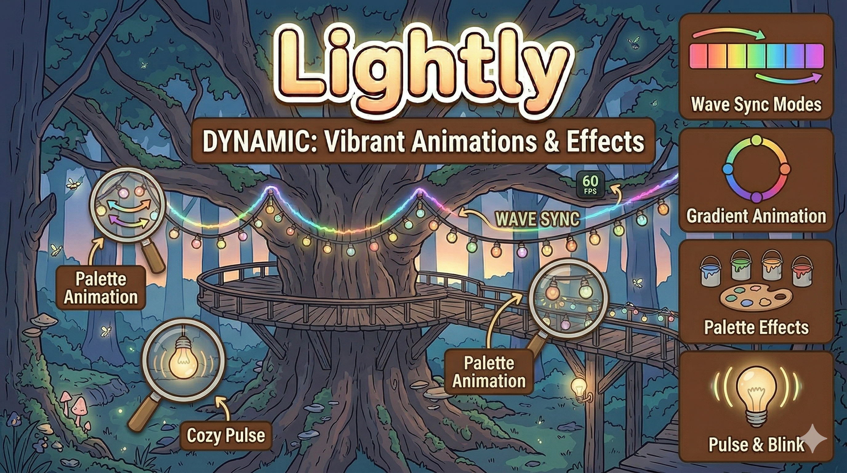 Lightly wave-sync gradient bulbs glowing along a treehouse walkway at dusk