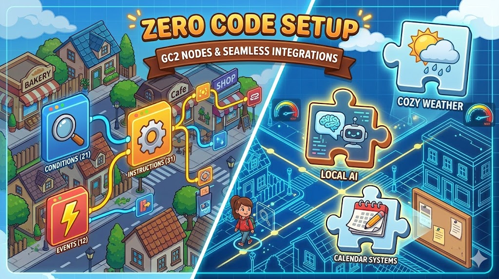 GCvilization zero code setup showing Game Creator 2 conditions, instructions, and event nodes plus local AI, weather, and calendar integrations