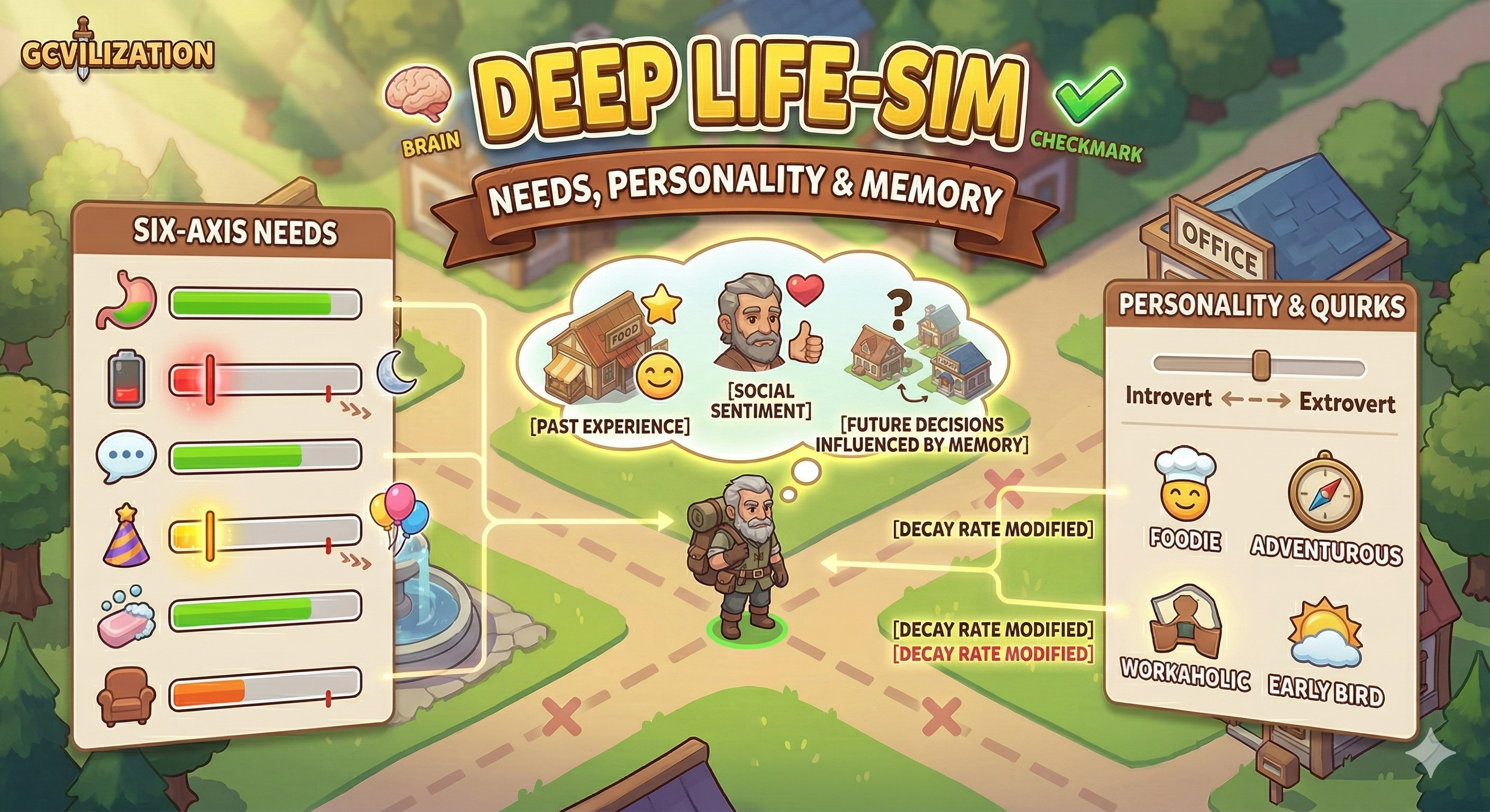 GCvilization deep life simulation diagram with six axis needs bars, personality quirks, and NPC memory influencing decisions