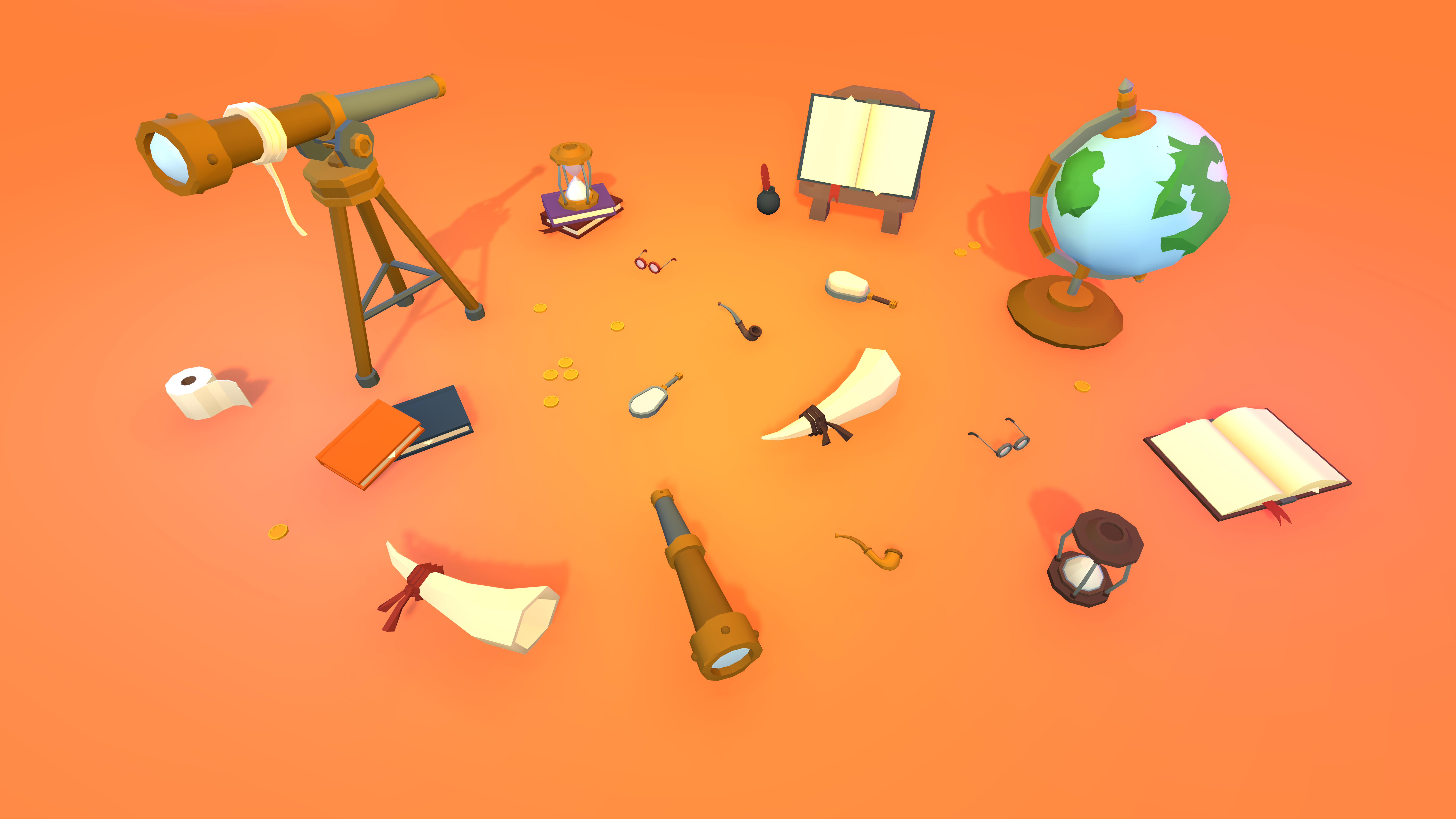 Stylized low poly study props including a brass telescope, globe, open books, scrolls, hourglass and lantern for fantasy interiors