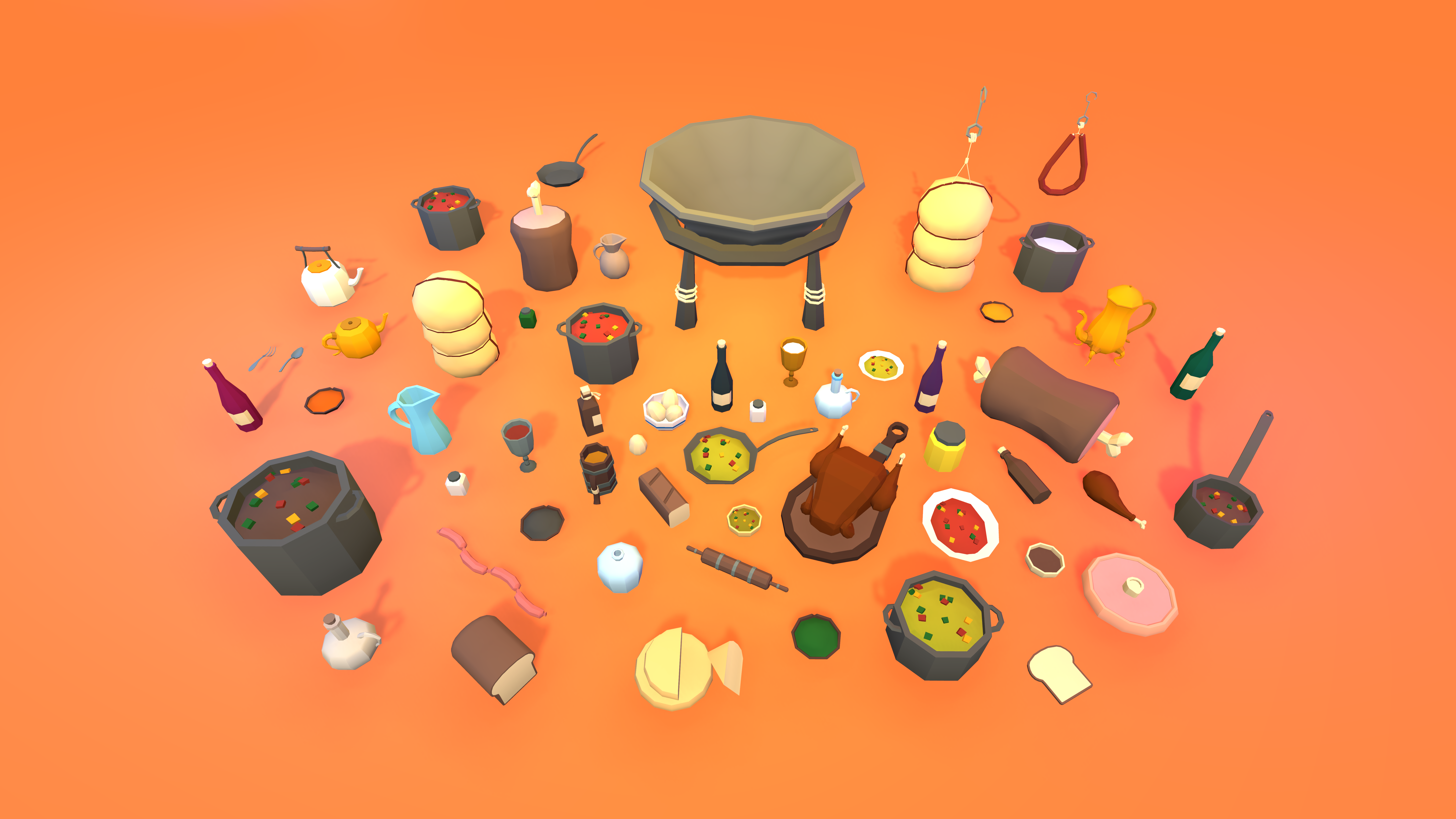 Stylized low poly fantasy kitchen and tavern props including pots, pans, bottles, bread, cheese and cooked meals