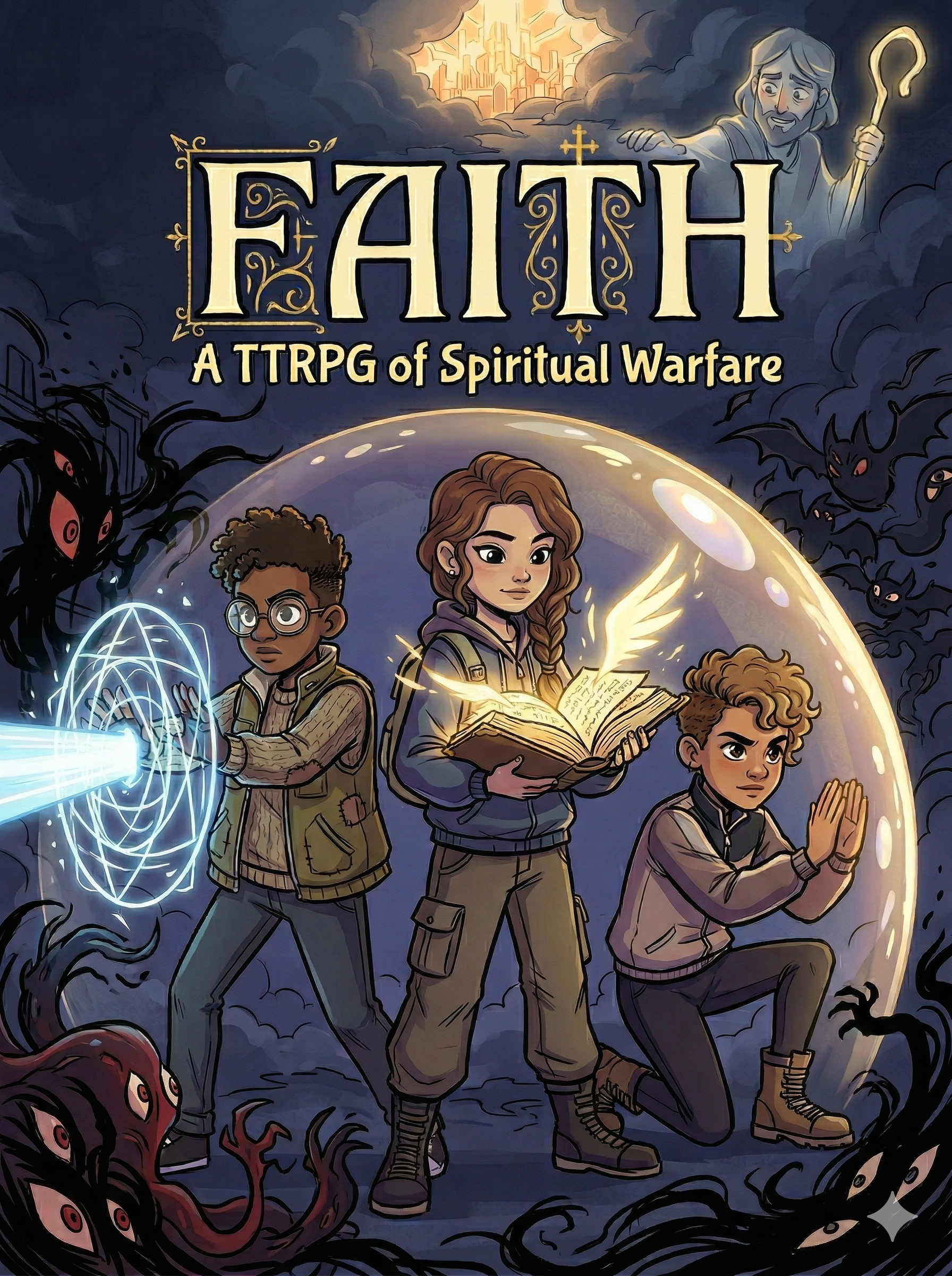 Cover of the Faith Core Rulebook, a Christian tabletop RPG by Rutz Studios