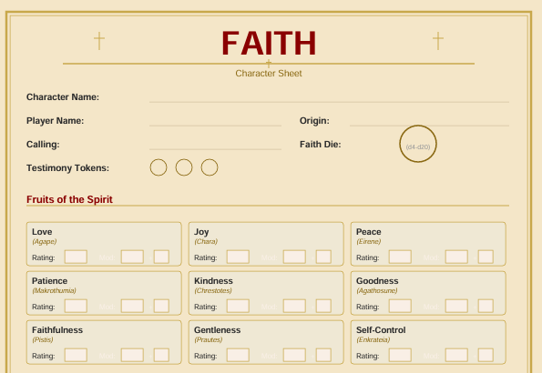 Faith Character Sheet, a two-page TTRPG character sheet from Rutz Studios on DevLoot