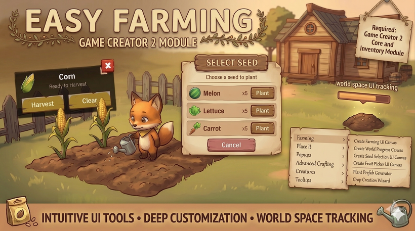 Easy Farming for GC2 seed selection panel and farm plot HUD running in Unity