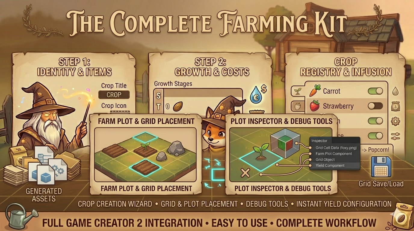 Easy Farming for GC2 crop creation wizard, grid placement, and plot inspector overview