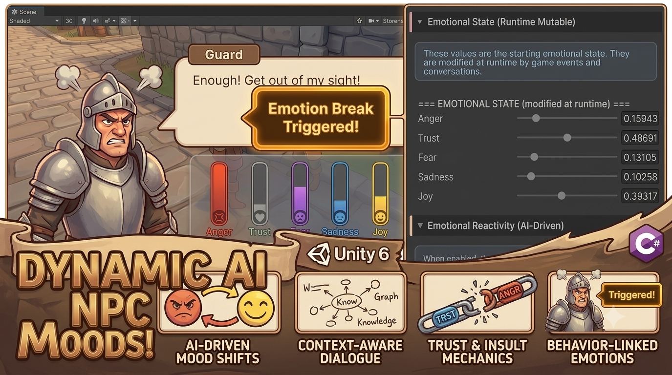 AI NPC dialogue in Unity showing an angry guard, five emotion meters, and the runtime emotional state inspector in Game Creator 2