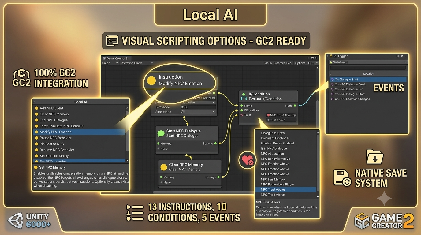 Game Creator 2 visual scripting nodes for local AI NPC dialogue with instructions, conditions, events, and native save support