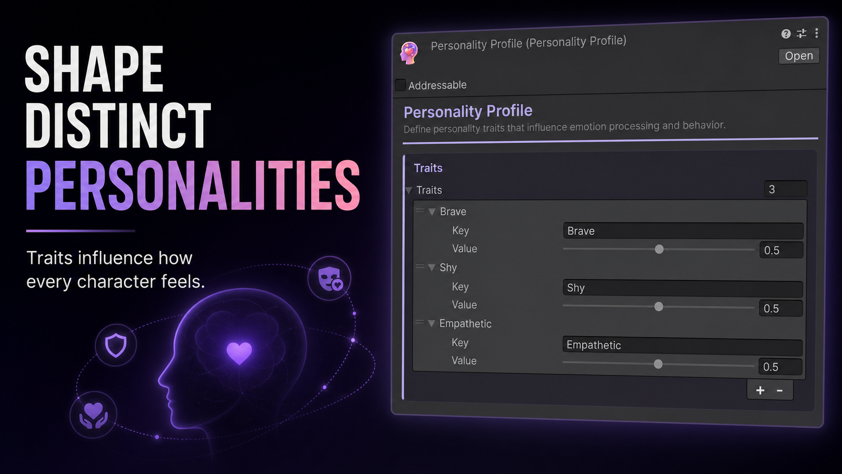 Personality Profile asset in Unity defining Brave, Shy and Empathetic traits with weighted values that influence emotion processing