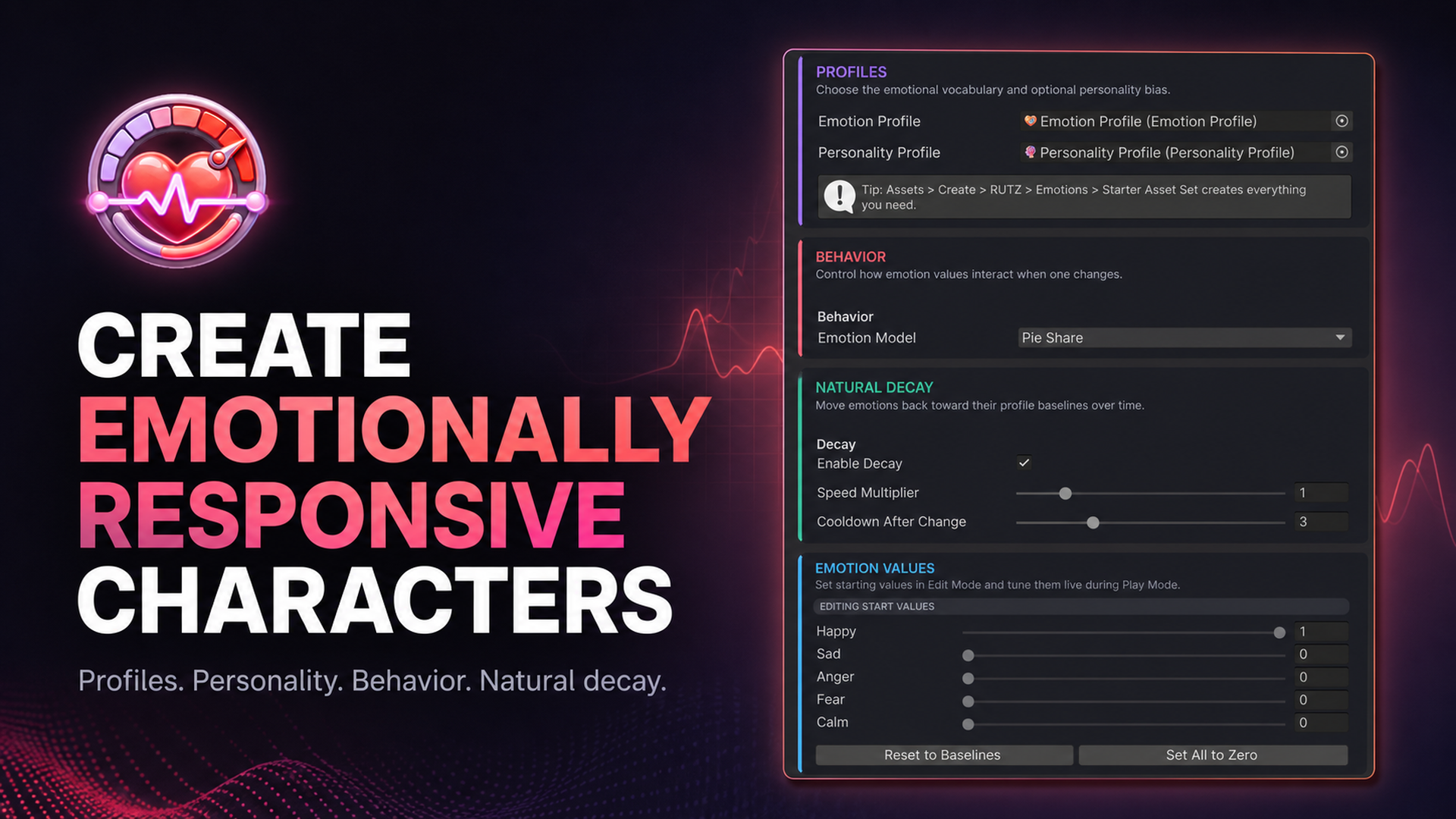 Unity inspector for the Emotions dynamic emotion system showing emotion profiles, behavior model, natural decay settings and live emotion value sliders