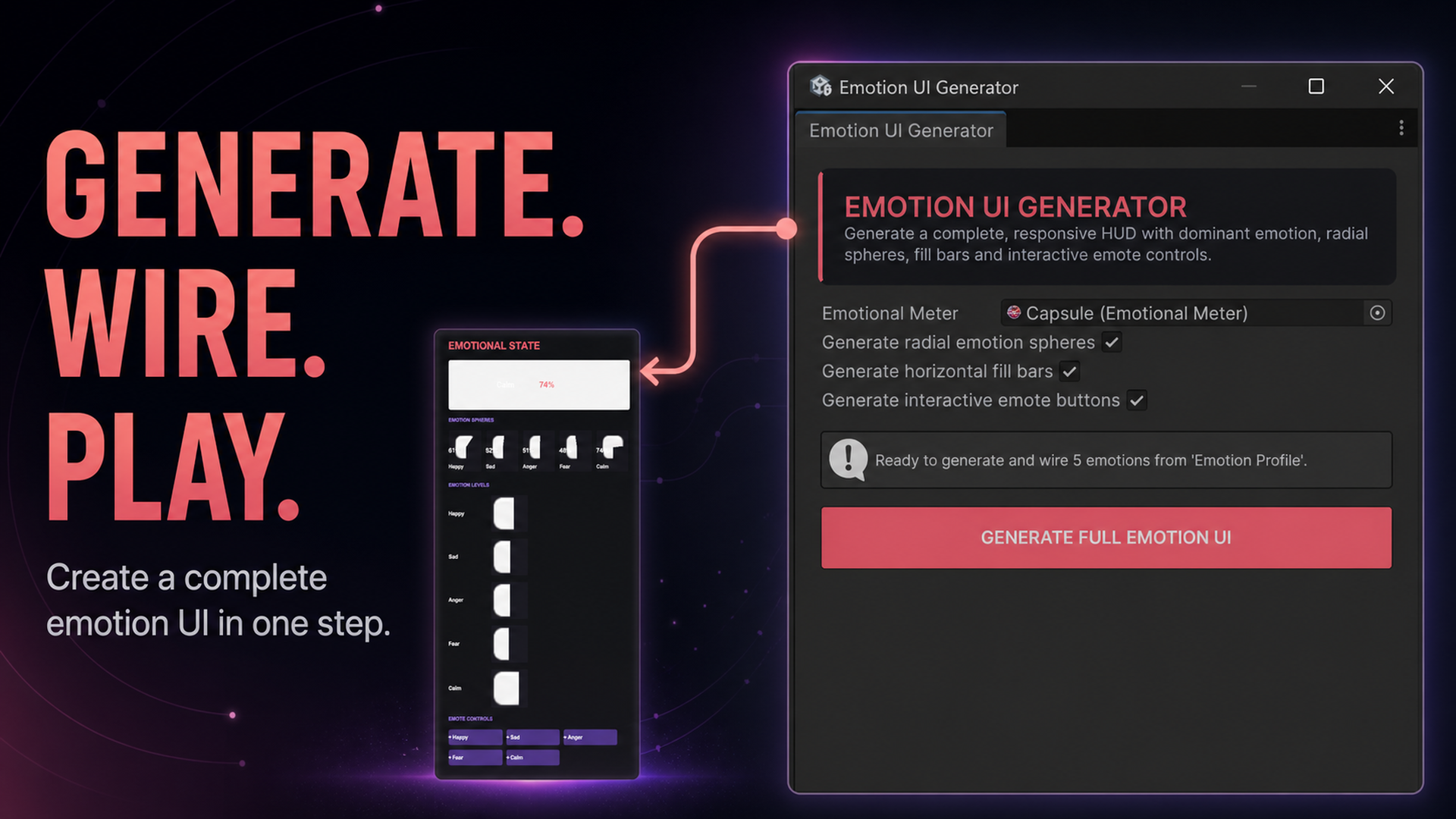 Emotion UI Generator window in Unity creating a complete emotional state HUD with dominant emotion, radial spheres, fill bars and emote controls