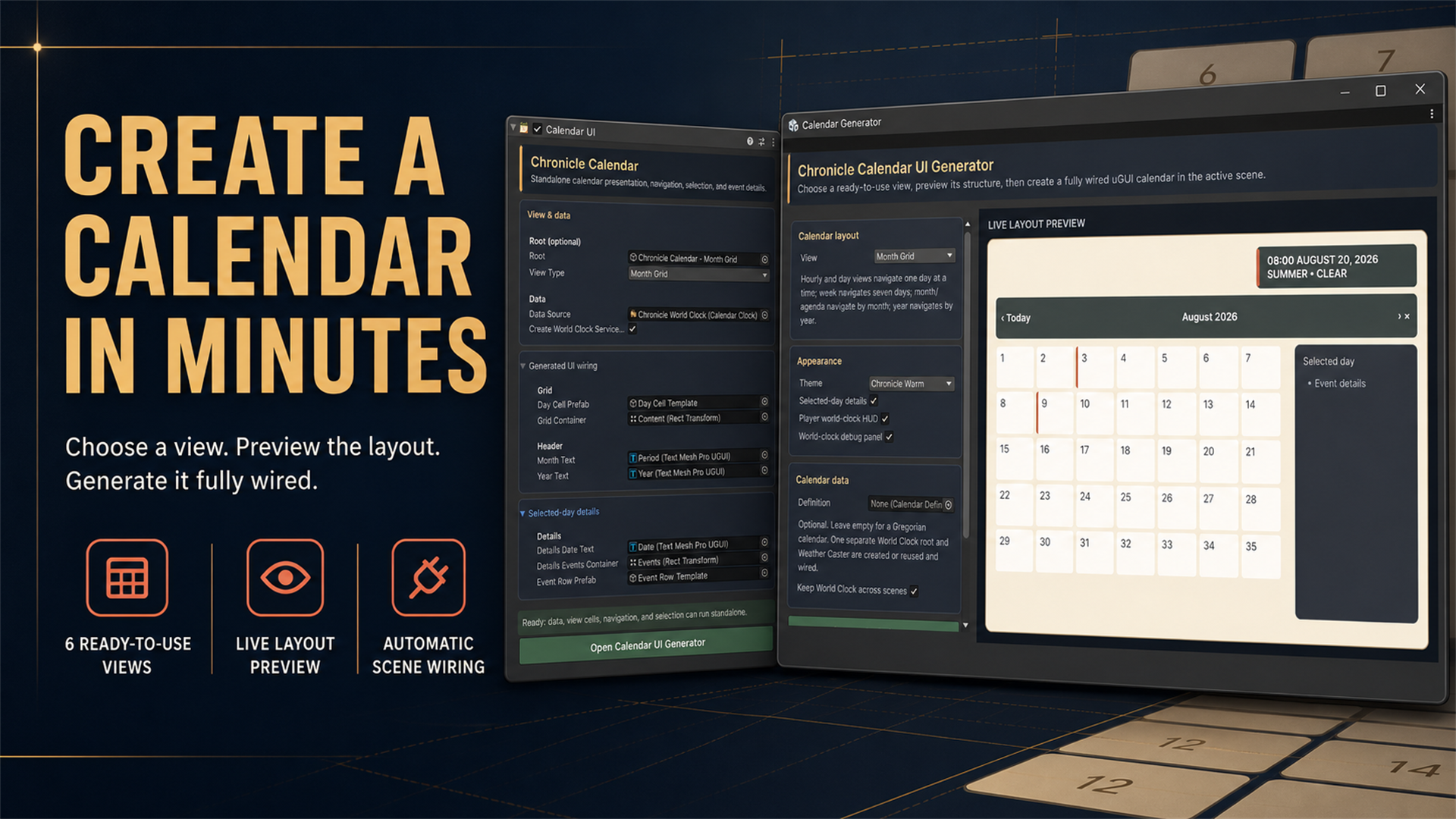 Chronicle Calendar UI Generator in Unity showing a live layout preview of a Month Grid calendar view before generating it into the scene