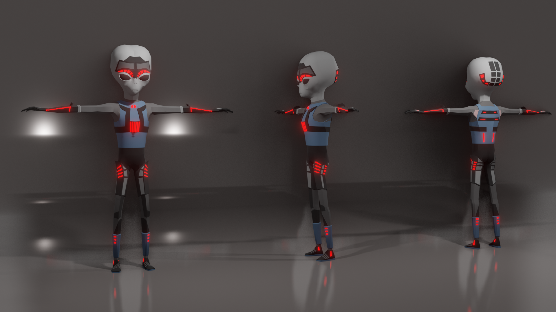 Dark armored Martian outfit with red emissive trim shown from front, side and back in T pose