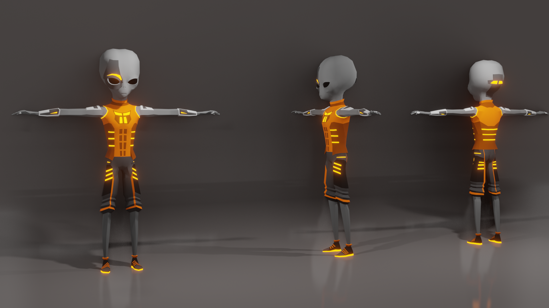 Orange streetwear Martian outfit with warm neon accents shown in three angles for modular part swapping