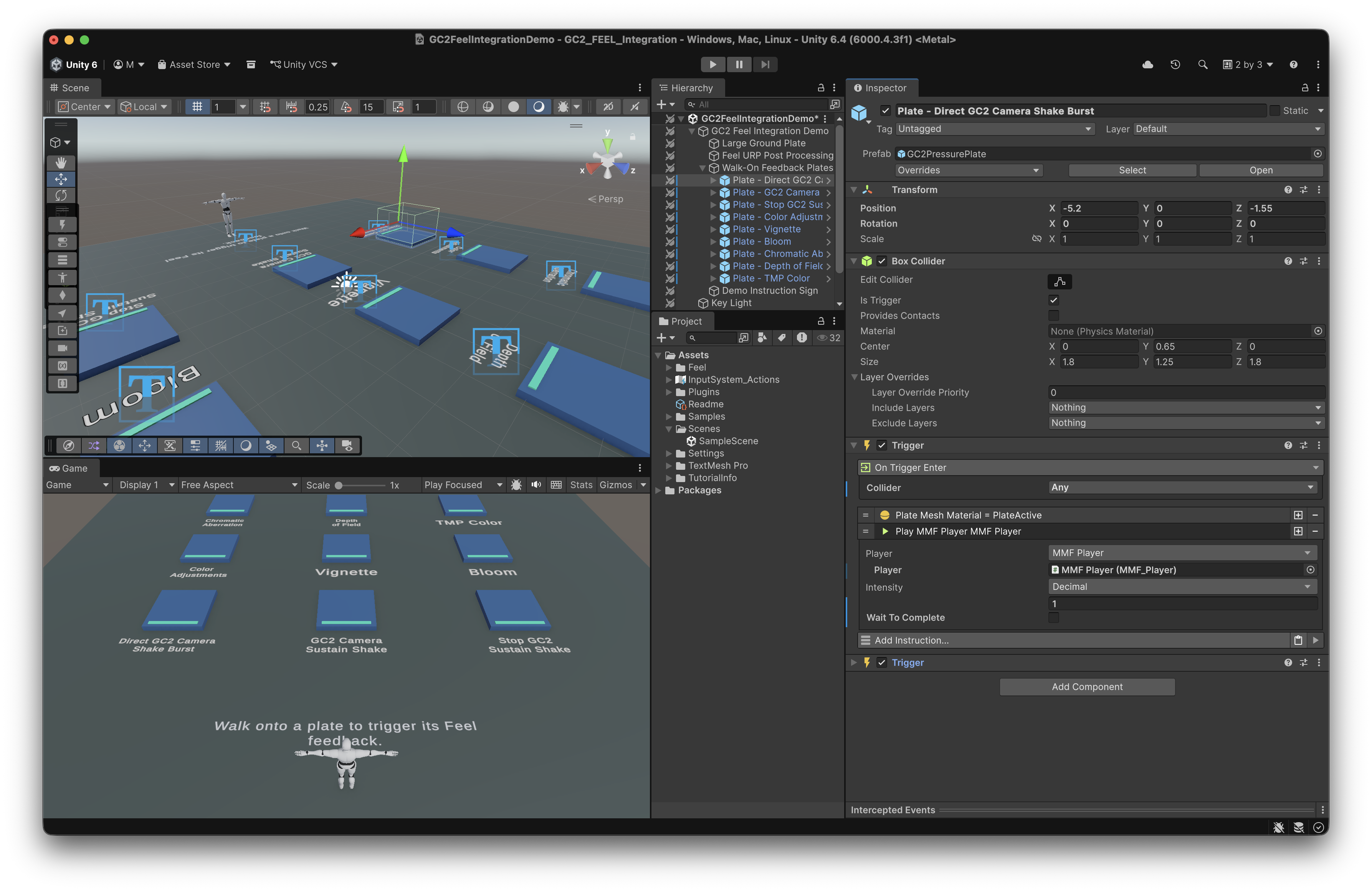 Unity Inspector showing a Game Creator 2 On Trigger Enter component with a Play MMF Player instruction targeting a Feel MMF Player