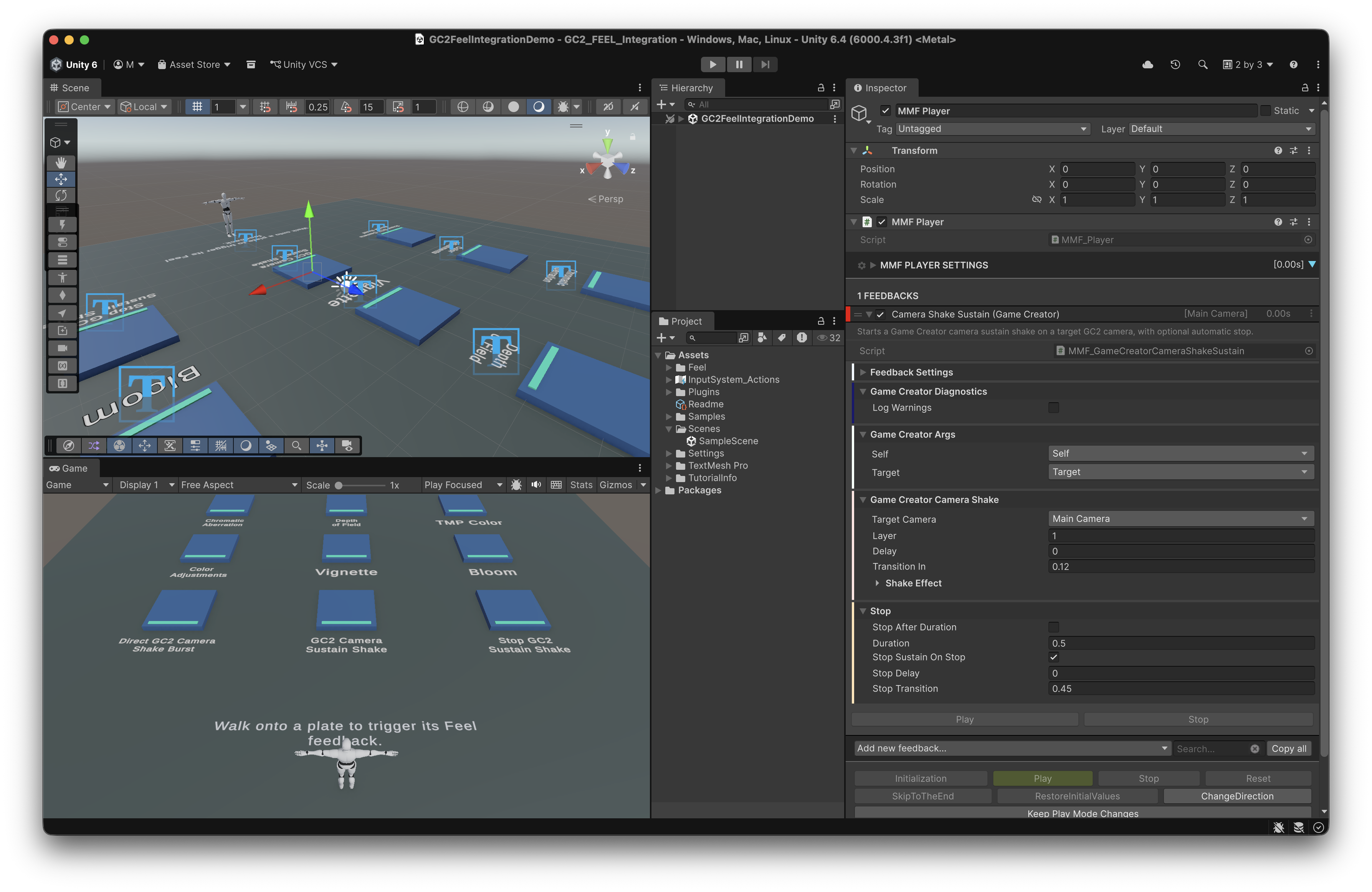 Feel MMF Player inspector in Unity with a Camera Shake Sustain Game Creator feedback and its Game Creator Args Self and Target settings