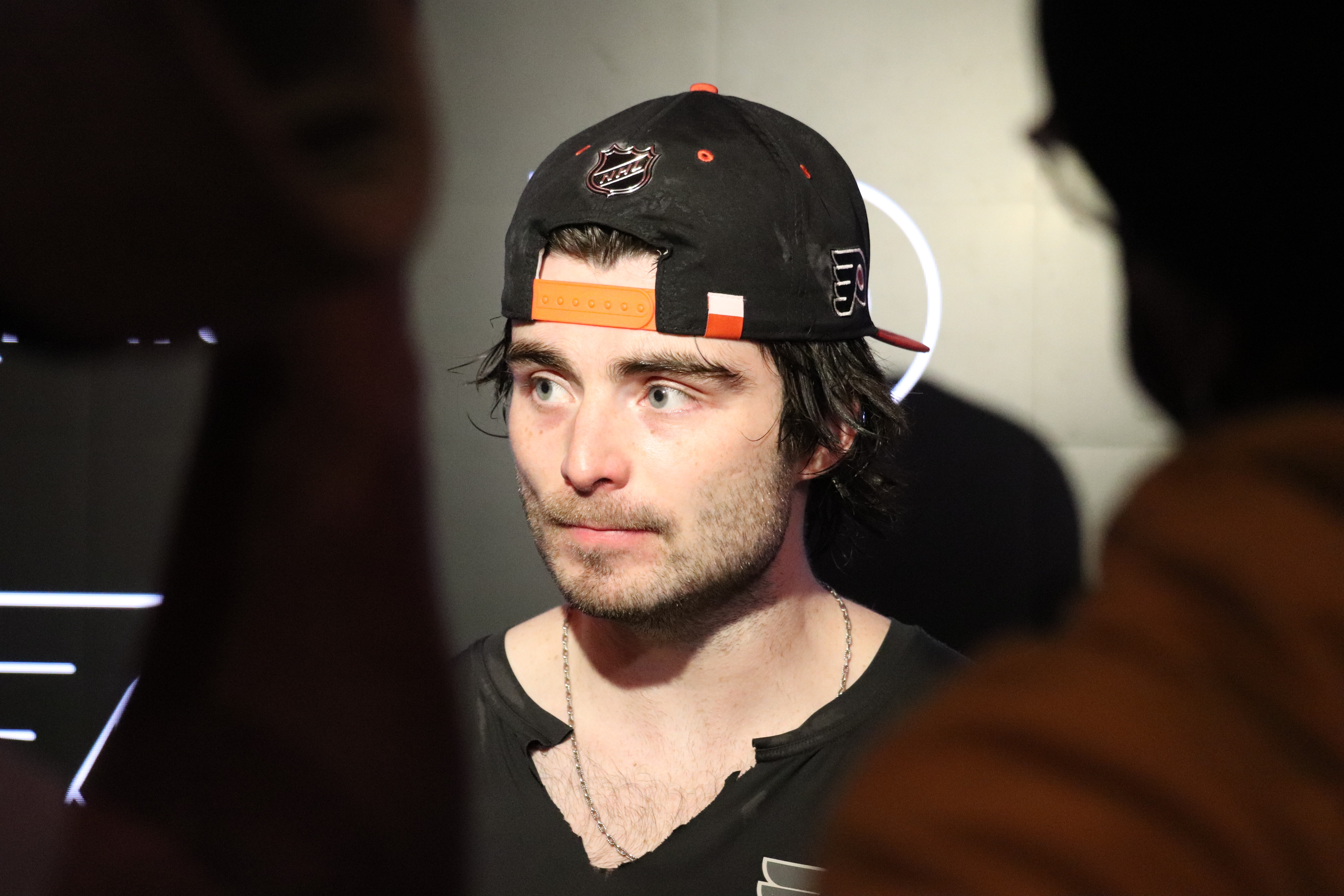 Philadelphia Flyers defenseman Jamie Drysdale (9) doing postgame media after a game against the New Jersey Devils on Mar. 9, 2025. (Megan DeRuchie-The Hockey News)