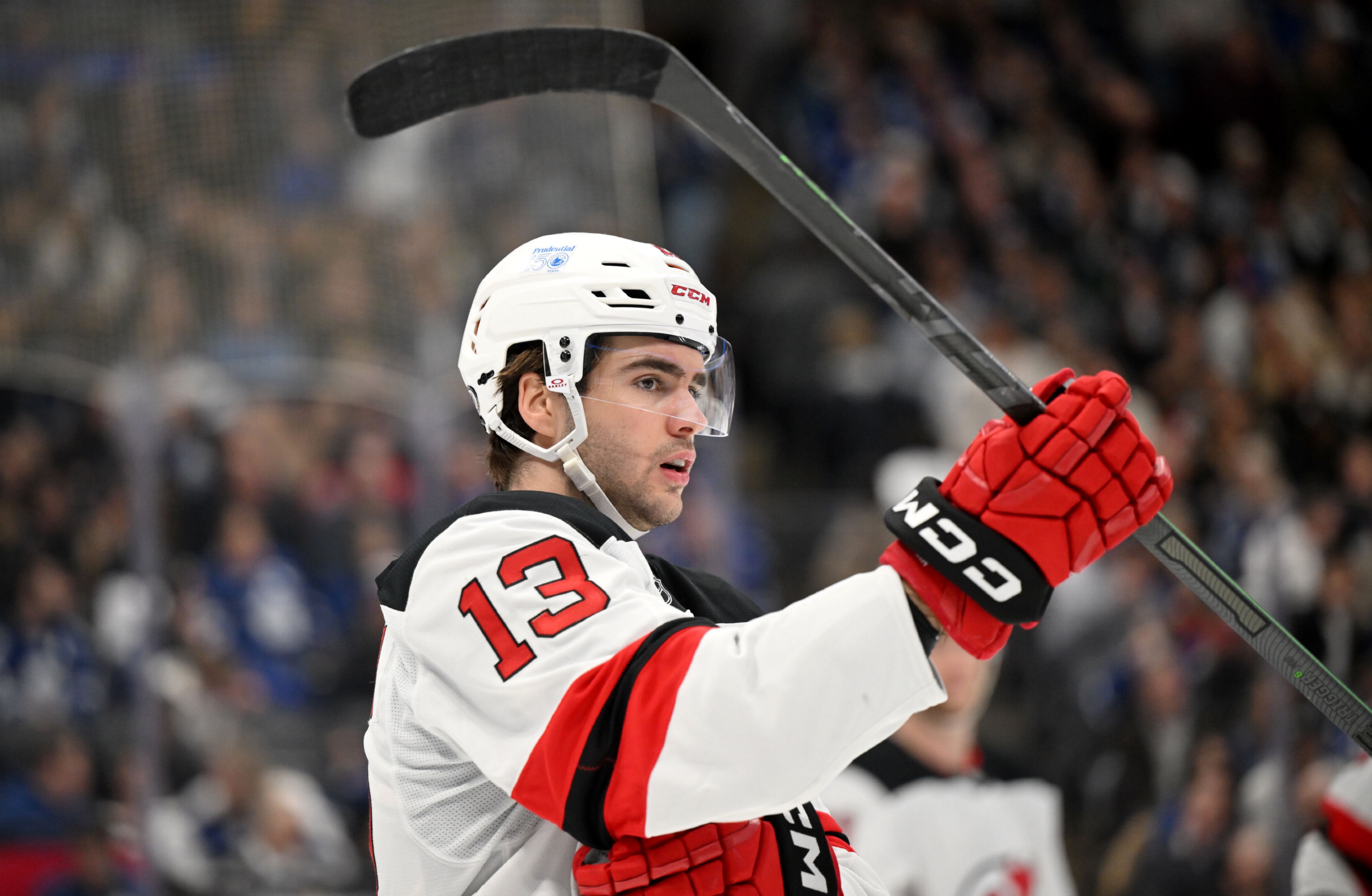 Jan 16, 2025; Toronto, Ontario, CAN; New Jersey Devils forward Nico Hischier
(13) look on in the third period against the Toronto Maple Leafs at Scotiabank
Arena. Mandatory Credit: Dan Hamilton-Imagn Images