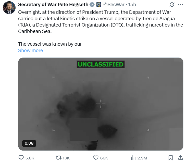 Secretary of War Pete Hegseth posts confirmation the U.S. military destroyed an alleged narco-trafficking vessel linked to the group Tren De Aragua on X, Oct 23rd, 2025